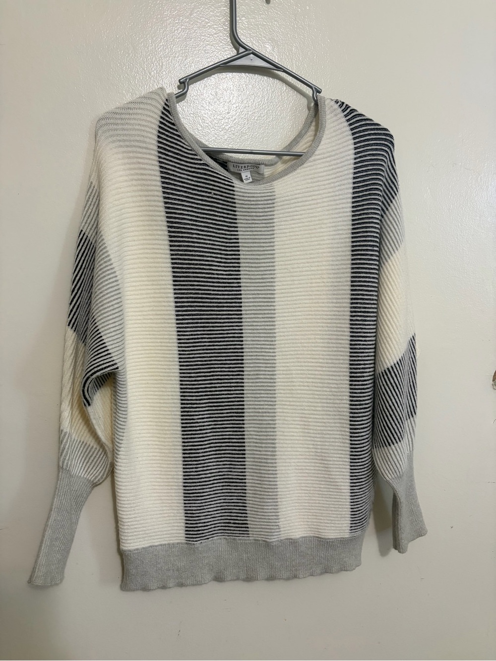 Cream & Gray Striped Crew Neck Sweater